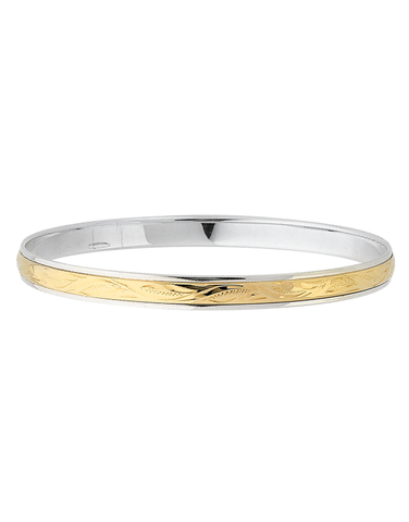 Silver & Gold Bangle - Silver & Yellow Gold Engraved Bangle - 782390