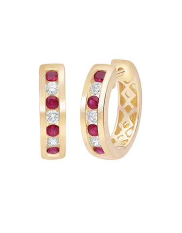 Ruby Earrings - 10ct Yellow Gold Ruby & Diamond Hoop Earrings - 784294