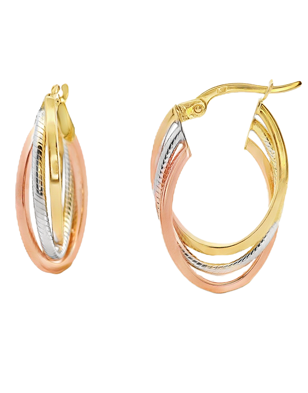 Gold Earrings - 10ct Three Tone Hoop Earrings - 784481