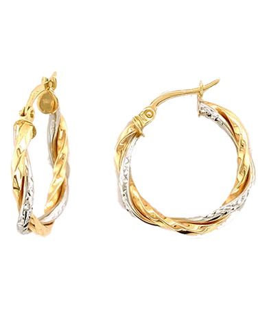 Gold Earrings - 10ct Two-Tone Twist Hoop Earrings - 784483