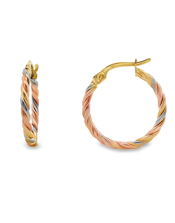 Gold Earrings - 10ct Three-Tone Twist Hoop Earrings - 784485