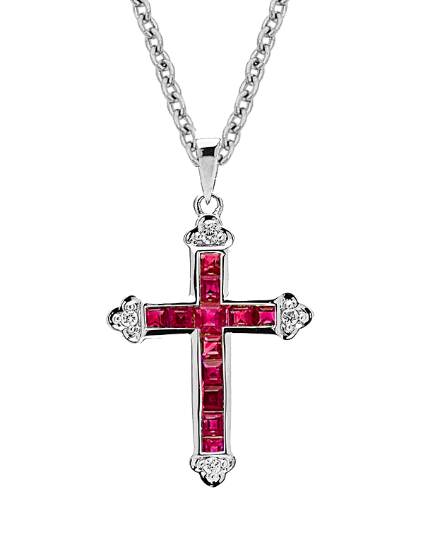Ruby Pendant - 10ct White Gold Ruby & Diamond Cross Pendant - 784566