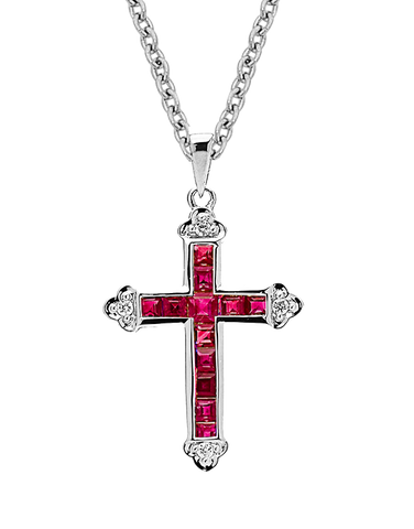 Ruby Pendant - 10ct White Gold Ruby & Diamond Cross Pendant - 784566