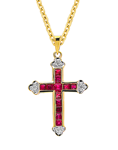 Ruby Pendant - 10ct Yellow Gold Ruby & Diamond Cross Pendant - 784567
