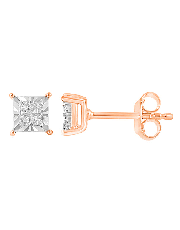 Diamond Studs - 10ct Rose Gold Princess Cut Diamond Stud Earrings - 785652