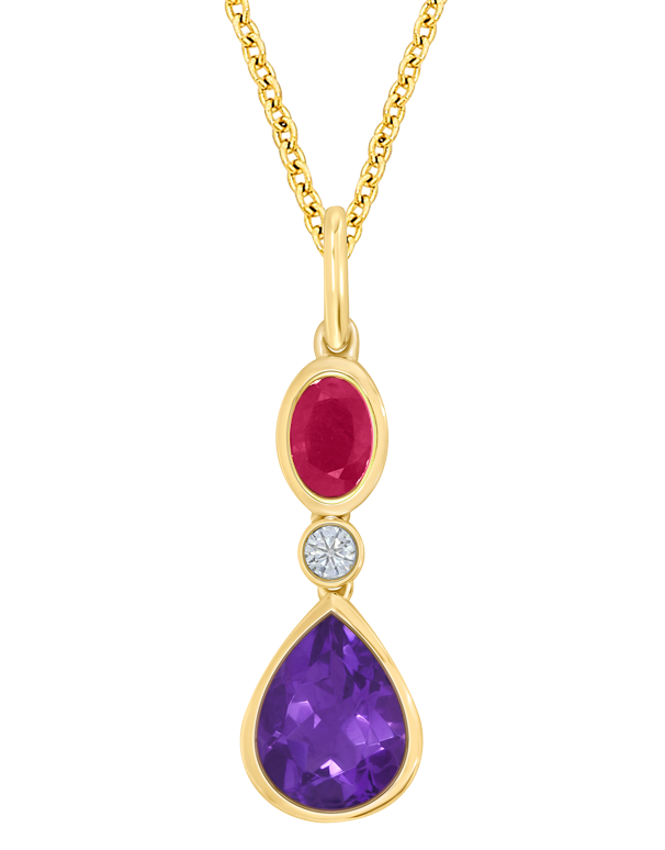 Amethyst Pendant - 10ct Yellow Gold Amethyst, Ruby and Diamond Pendant - 786685