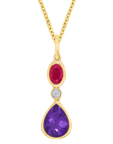 Amethyst Pendant - 10ct Yellow Gold Amethyst, Ruby and Diamond Pendant - 786685