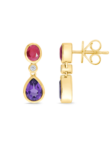 Amethyst Earrings - 10ct Yellow Gold Amethyst, Ruby and Diamond Earrings - 786686