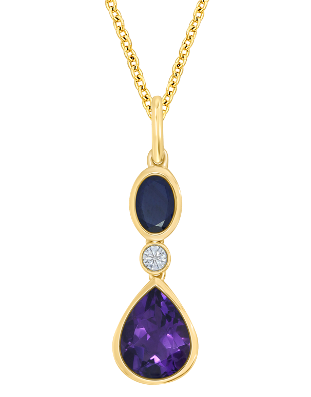 Amethyst Pendant - 10ct Yellow Gold Amethyst, Blue Sapphire and Diamond Pendant - 786687