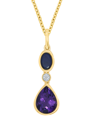 Amethyst Pendant - 10ct Yellow Gold Amethyst, Blue Sapphire and Diamond Pendant - 786687