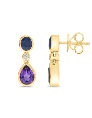 Amethyst Earrings - 10ct Yellow Gold Amethyst, Blue Sapphire and Diamond Earrings - 786688