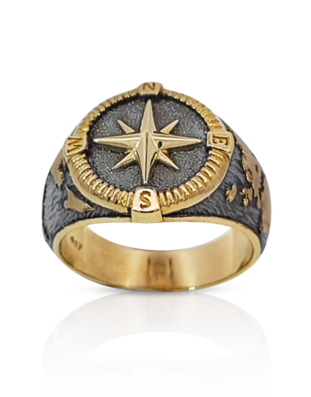 Men's Ring - 10ct Yellow Gold Black Rhodium Compass Ring - 786767