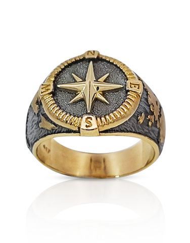 Men's Ring - 10ct Yellow Gold Black Rhodium Compass Ring - 786767