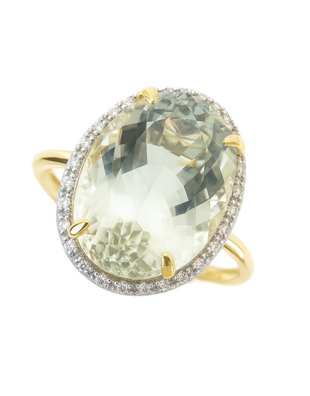 Green Amethyst - 14ct Yellow Gold Green Amethyst and Diamond Cocktail Ring - 790328