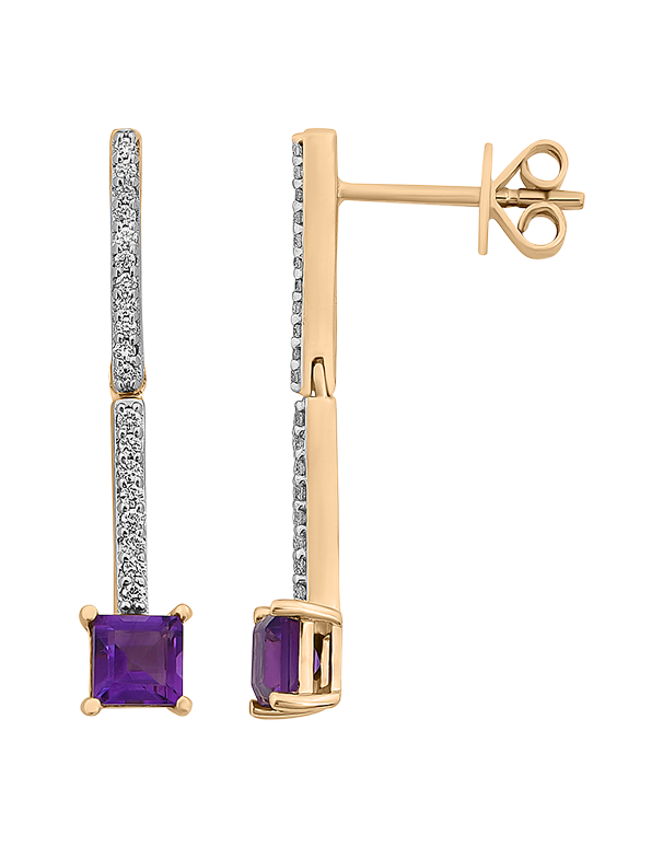 Amethyst Earrings - 10ct Yellow Gold Amethyst & Diamond Drop Earrings - 786267