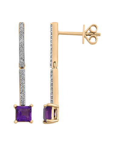 Amethyst Earrings - 10ct Yellow Gold Amethyst & Diamond Drop Earrings - 786267