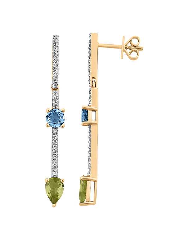 Peridot Earrings - 10ct Yellow Gold Peridot, Blue Topaz & Diamond Drop Earrings - 786268
