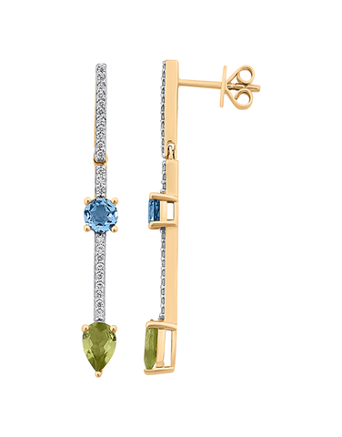 Peridot Earrings - 10ct Yellow Gold Peridot, Blue Topaz & Diamond Drop Earrings - 786268