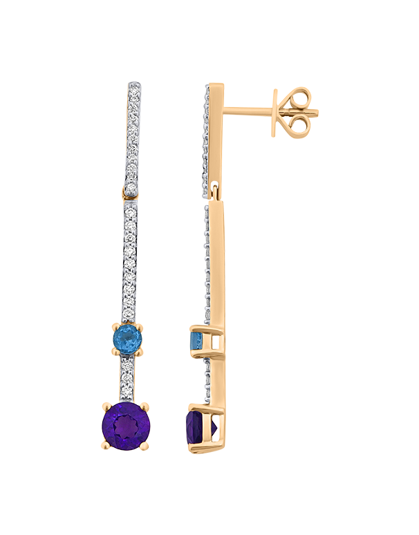 Amethyst Earrings - 10ct Yellow Gold Amethyst, London Blue Topaz & Diamond Drop Earrings - 786269