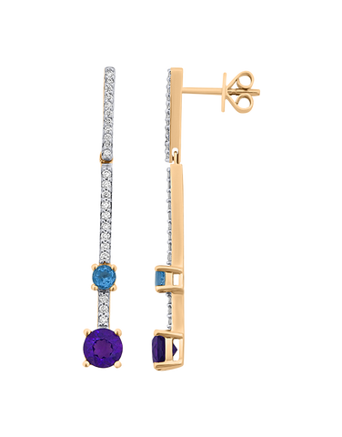 Amethyst Earrings - 10ct Yellow Gold Amethyst, London Blue Topaz & Diamond Drop Earrings - 786269