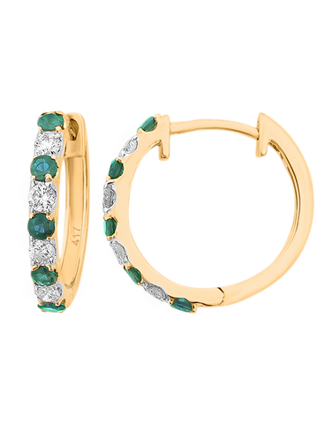 Emerald Earrings - 10ct Yellow Gold Emerald & Diamond Hoop Earrings - 786278