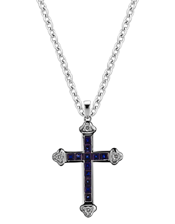 Sapphire Pendant - 10ct White Gold Sapphire & Diamond Set Cross Pendant - 784564
