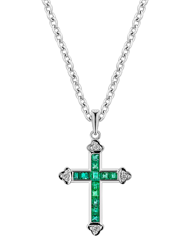 Emerald Pendant - 10ct White Gold Emerald & Diamond Set Cross Pendant - 784568