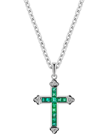 Emerald Pendant - 10ct White Gold Emerald & Diamond Set Cross Pendant - 784568