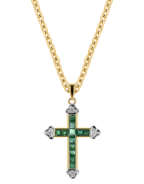 Emerald Pendant - 10ct Yellow Gold Emerald & Diamond Set Cross Pendant - 784569