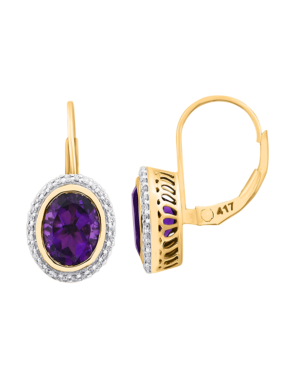 Amethyst Earrings - 10ct Yellow Gold Oval Amethyst & Diamond Earrings - 785008