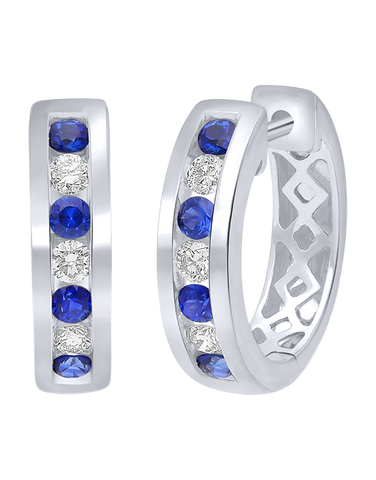 Sapphire Earrings - 10ct White Gold Sapphire & Diamond Hoop Earrings - 784302