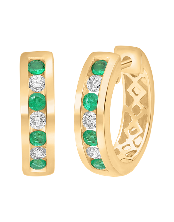Emerald Earrings - 10ct Yellow Gold Emerald & Diamond Hoop Earrings - 784300