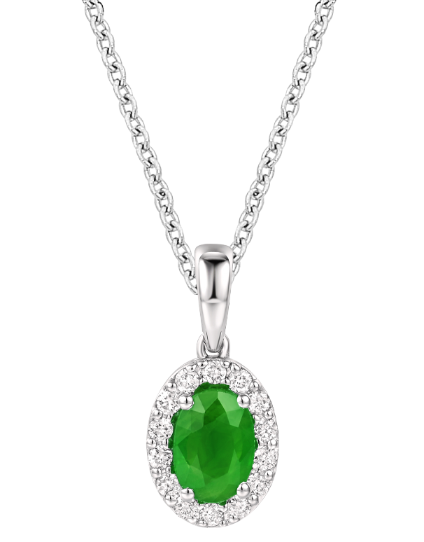 Emerald Pendant - 10ct White Gold Emerald & Diamond Cluster Pendant - 784579