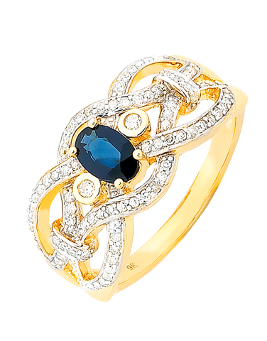 Sapphire Ring - 9ct Yellow Gold Sapphire and Diamond Ring - 756805