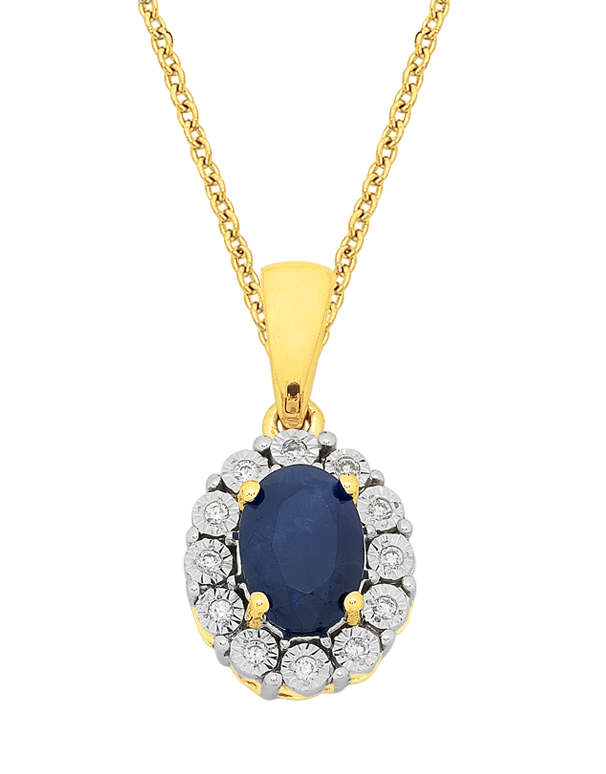 Sapphire Pendant - 14ct Yellow Gold Sapphire & Diamond Pendant - 761669