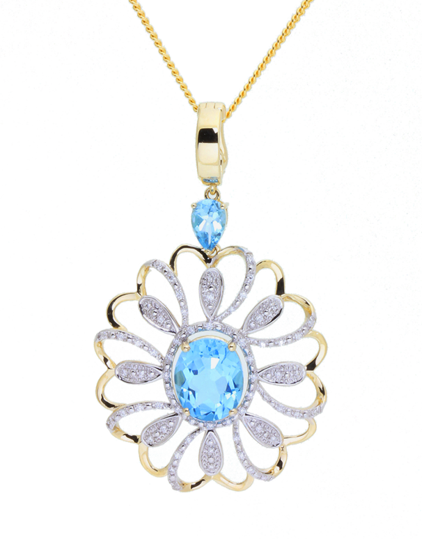Blue Topaz Pendant - 14ct Yellow Gold Blue Topaz and Diamond Enhancer Pendant - 771453
