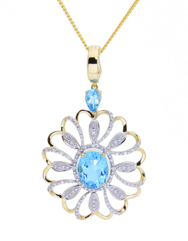 Blue Topaz Pendant - 14ct Yellow Gold Blue Topaz and Diamond Enhancer Pendant - 771453