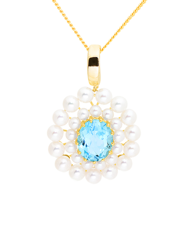 Blue Topaz Pendant - 14ct Yellow Gold Freshwater Pearl and Blue Topaz Enhancer Pendant - 771465