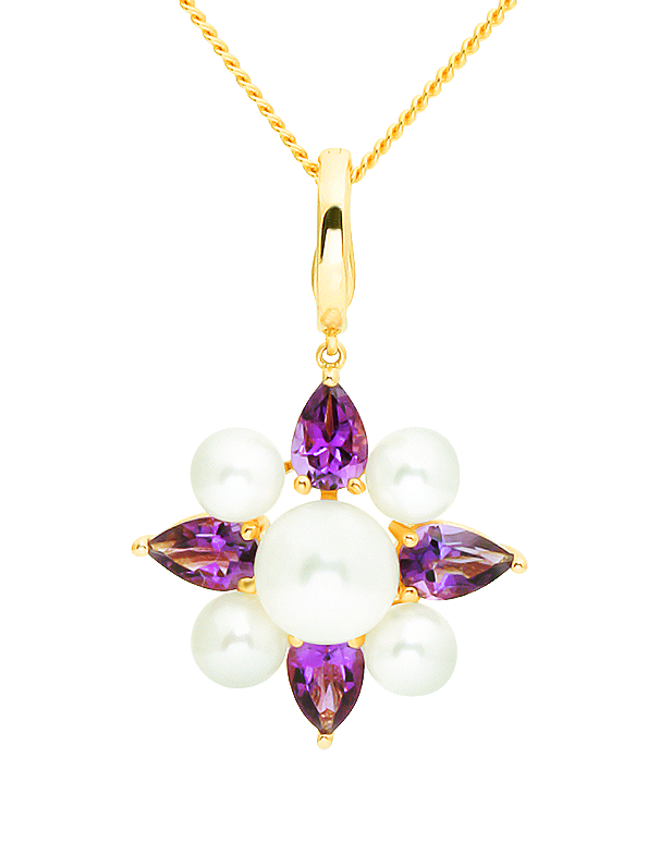 Pearl and Amethyst Pendant- 14ct Yellow Gold Freshwater Pearl and Amethyst Enhancer Pendant - 771471