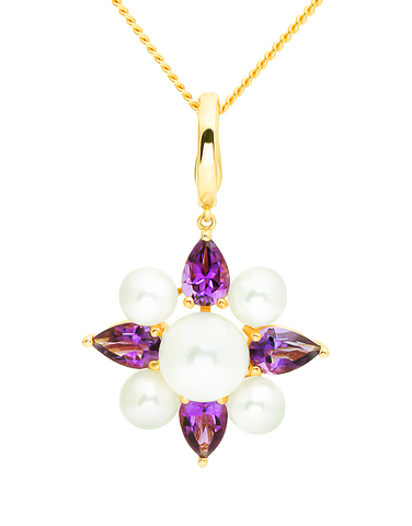 Pearl and Amethyst Pendant- 14ct Yellow Gold Freshwater Pearl and Amethyst Enhancer Pendant - 771471