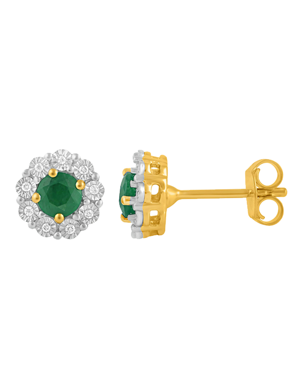 14ct Yellow Gold Natural Emerald and Diamond Earrings - 780703