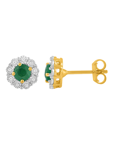 14ct Yellow Gold Natural Emerald and Diamond Earrings - 780703