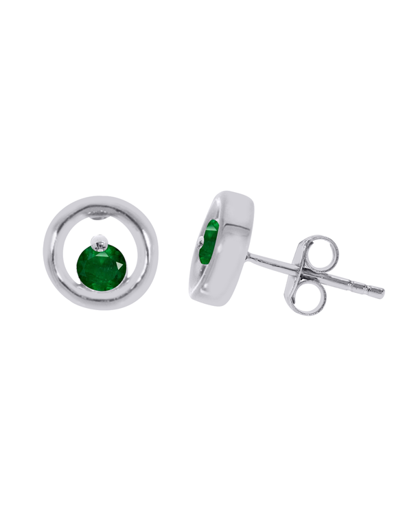 Emerald Earrings - 10ct White Gold Natural Emerald Circle Stud Earrings - 786594