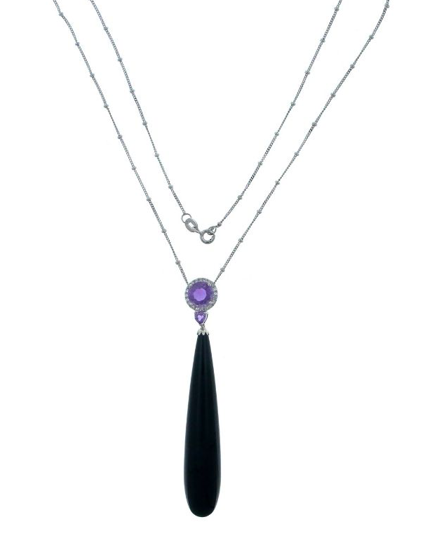 Onyx & Amethyst Pendant - 18ct White Gold Onyx, Amethyst & Diamond Pendant - 786630