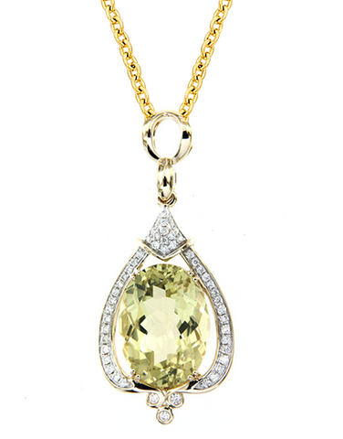 Lime Quartz Pendant - 14ct Yellow and White Gold Lime Quartz and Diamond Pendant - 787073