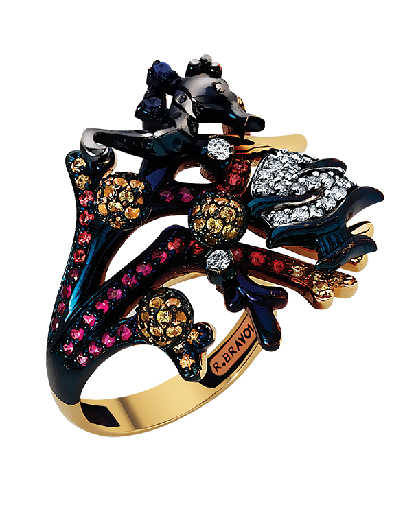 Roberto Bravo - 14ct Yellow Gold Diamond Gemstone & Enamel Ring - 771244 - Salera's