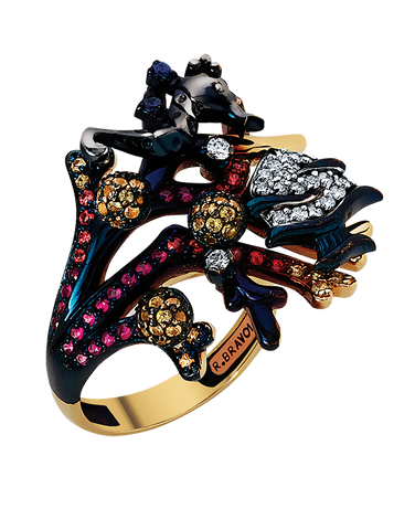 Roberto Bravo - 14ct Yellow Gold Diamond Gemstone & Enamel Ring - 771244