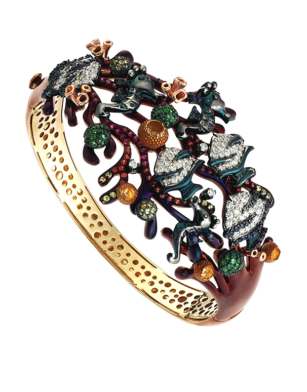Roberto Bravo - 14ct Yellow Gold Diamond Gemstone & Enamel Bangle - 771245 - Salera's