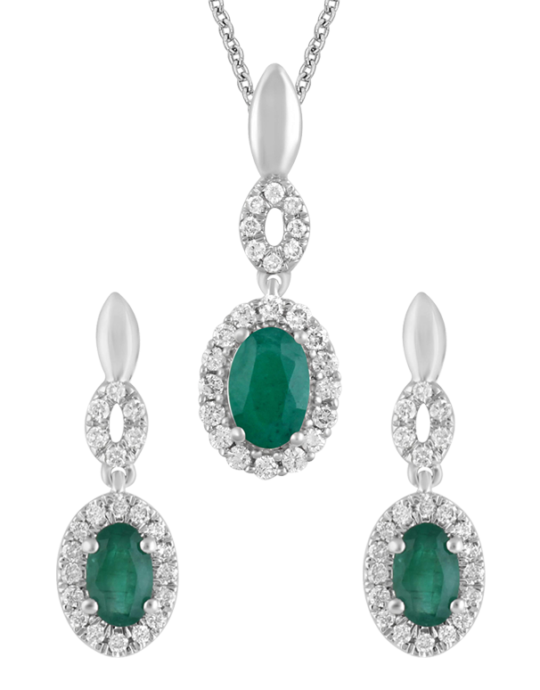 Emerald Set- 14ct White Gold Diamond Set & Natural Emerald Pendant & Earrings