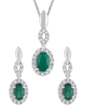 14ct White Gold Diamond Set & Natural Emerald Pendant & Earrings